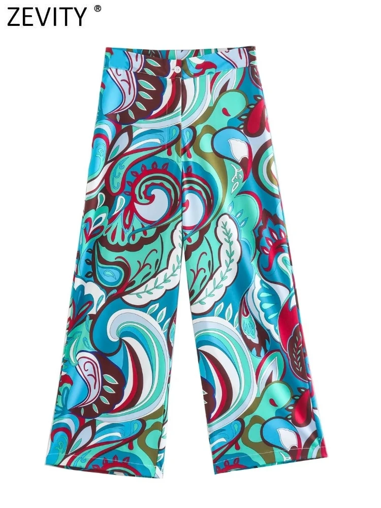 

Zevity Women Vintage Paisley Floral Patchwork Print Wide Leg Pants Female Zipper Kimono Trousers Pantalones Mujer Pants P2366