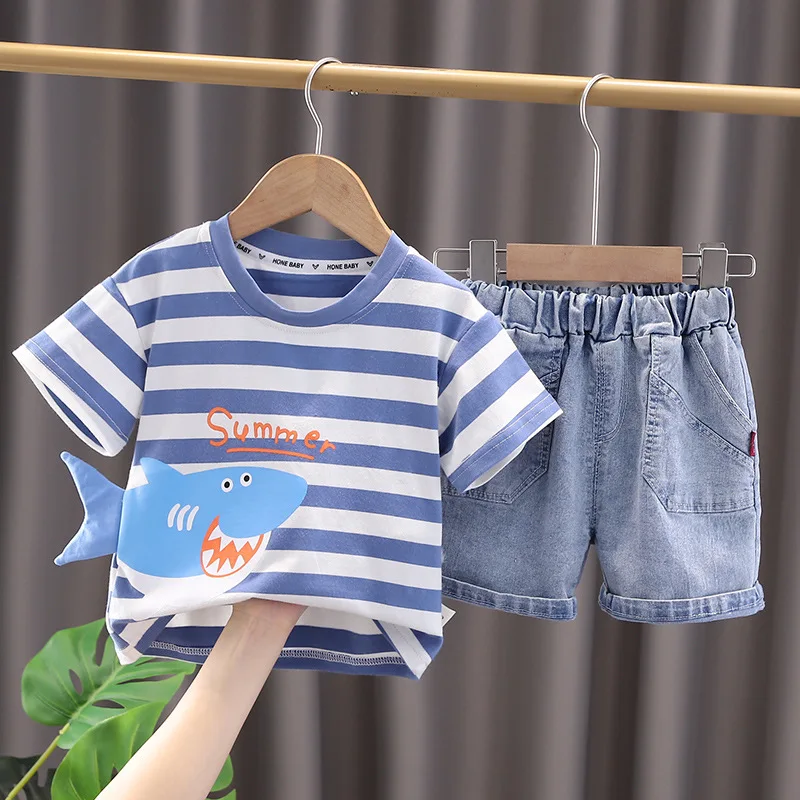 

Summer Korean Baby Boy Clothes 1 to 2 Years Cartoon Striped Short Sleeve T-shirts Tops and Denim Shorts Boutique Kids Clothing