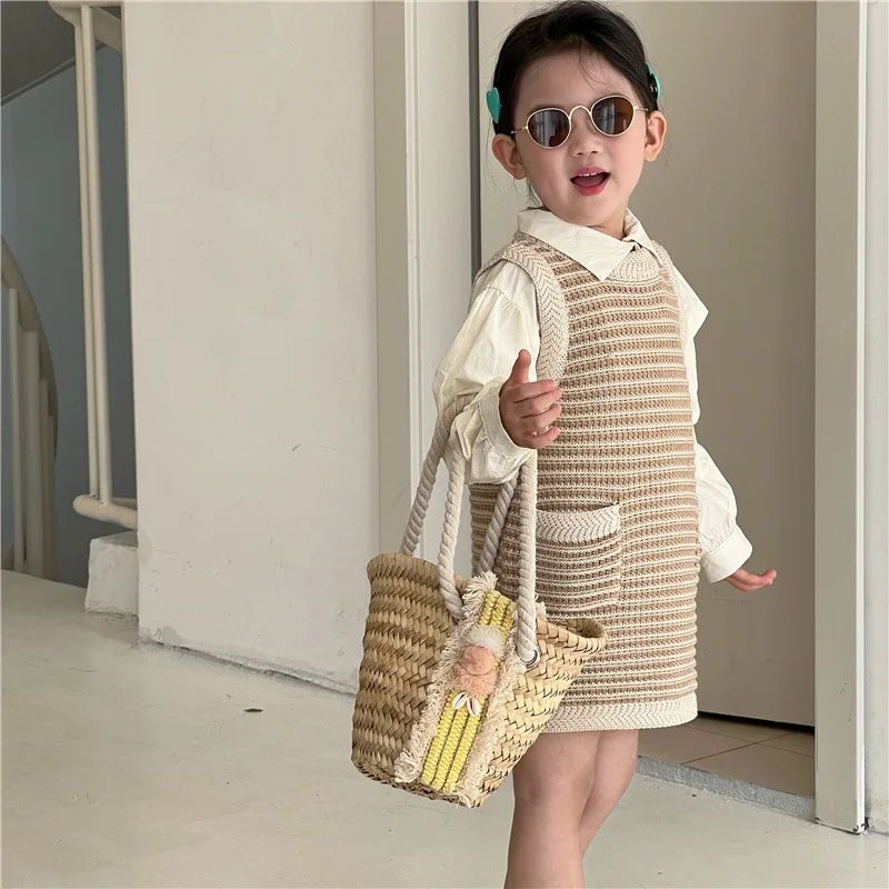 

MILA CHOU 2023 Spring Autumn Girls Knit Dress + Shirt 2Pcs Set Children Fashion Dress Suit Kids Clothes 2-8Y