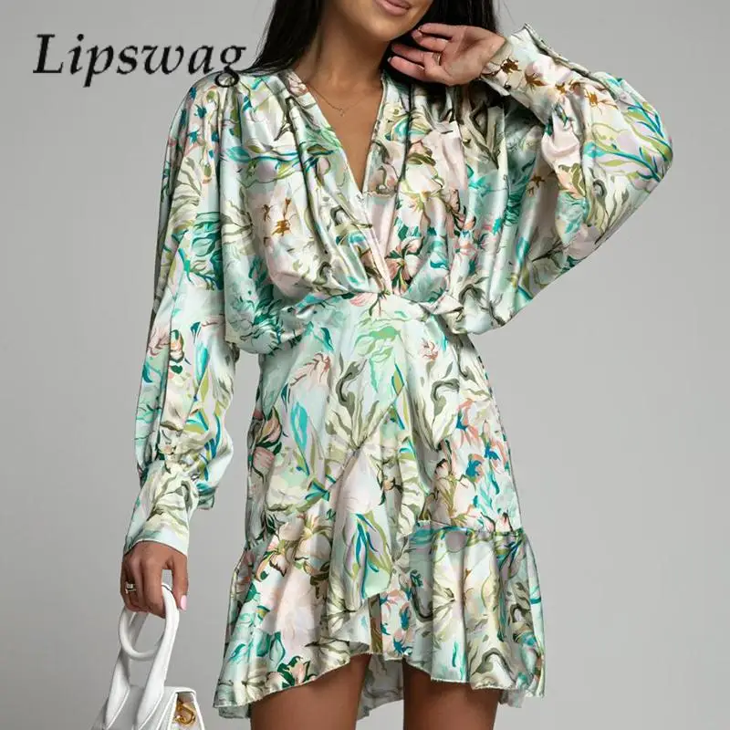

Fashion Floral Pleated V-Neck Party Dress Autumn Elegant Long-Sleeved Vacation Dress Woman Splicing Ruffle Edge Beach Mini Dress