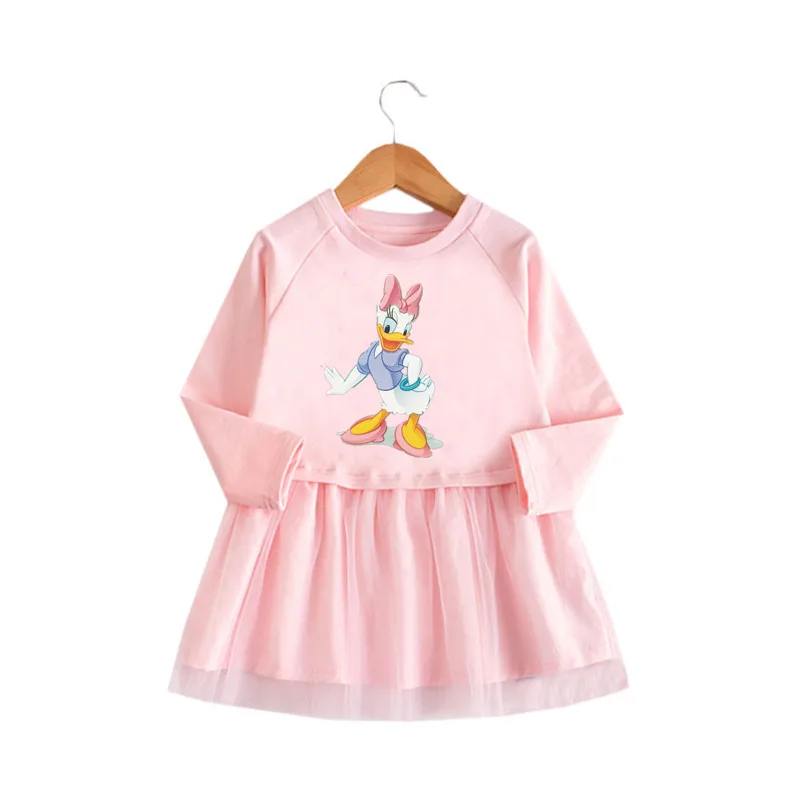Autumn Kids Dresses for Girls Cartoon Daisy Duck Printed Long Sleeve Princess Dress Little Children Short Costume Vestidos
