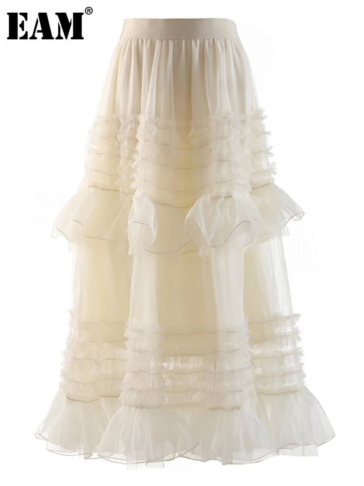

[EAM] High Elastic Waist Apricot Organza Ruffles Elegant Midi Half-body Skirt Women Fashion Tide New Spring Autumn 2022 1DE6845