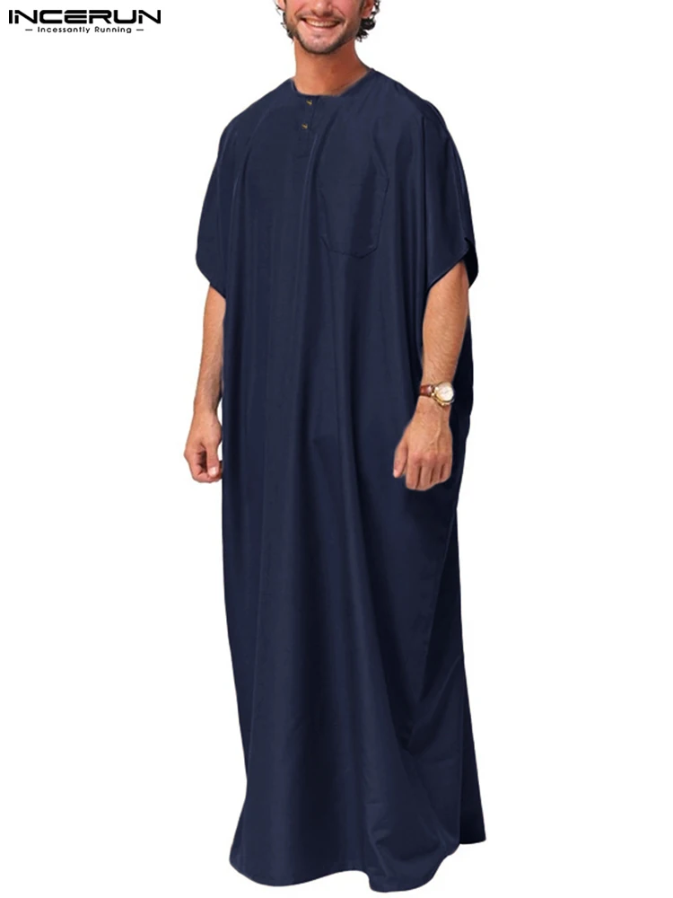 INCERUN 2023 Men's Long Top Ethnic Robes Loose Half Sleeve Thin Dress Kaftan Solid Comfortable Crew Lounge Gown Masculina S-5XL