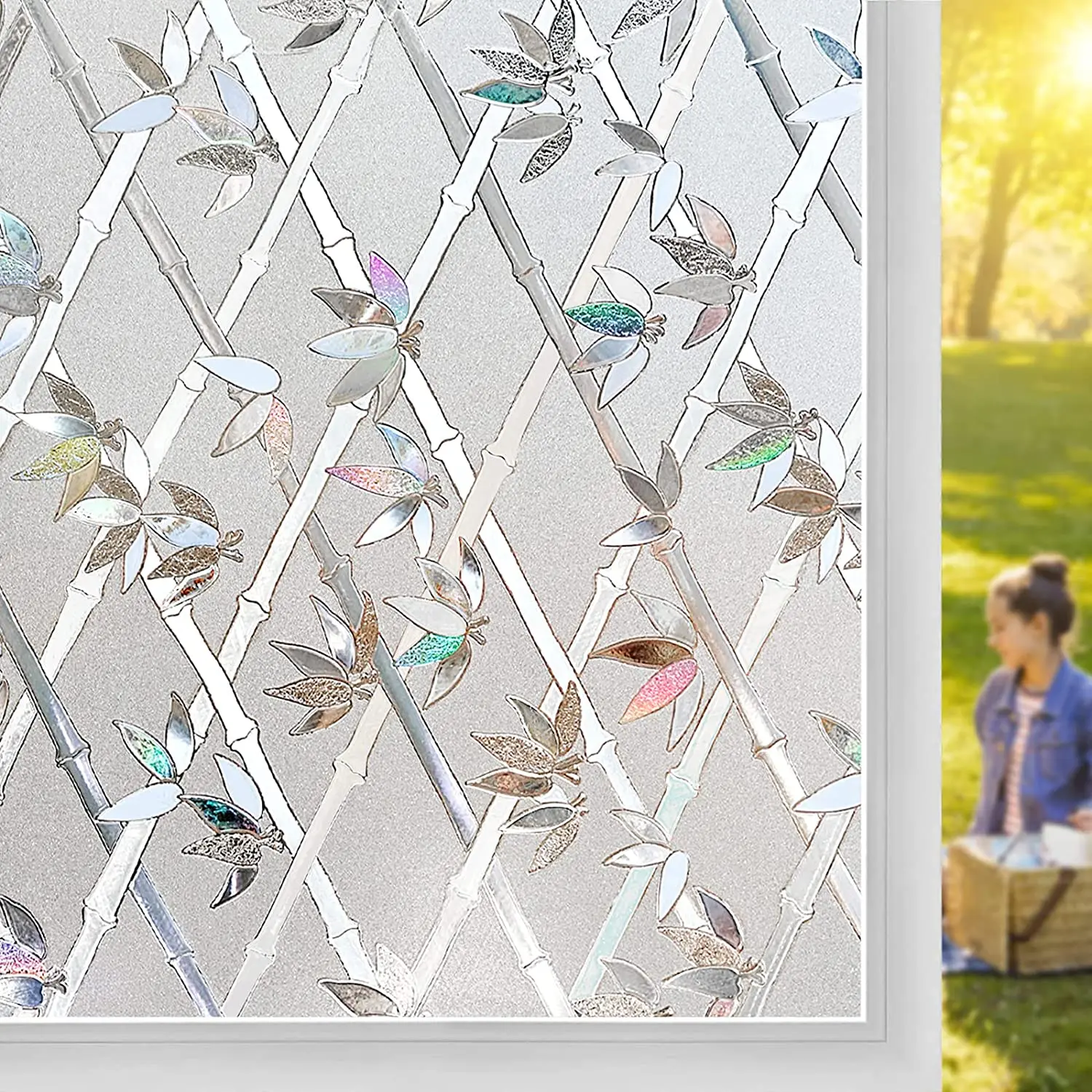 

Decorative Static Cling Window Film Rainbow Window Clings Privacy Non-Adhesive Bamboo Glass Film for Home Anti-UV Glass Stickers