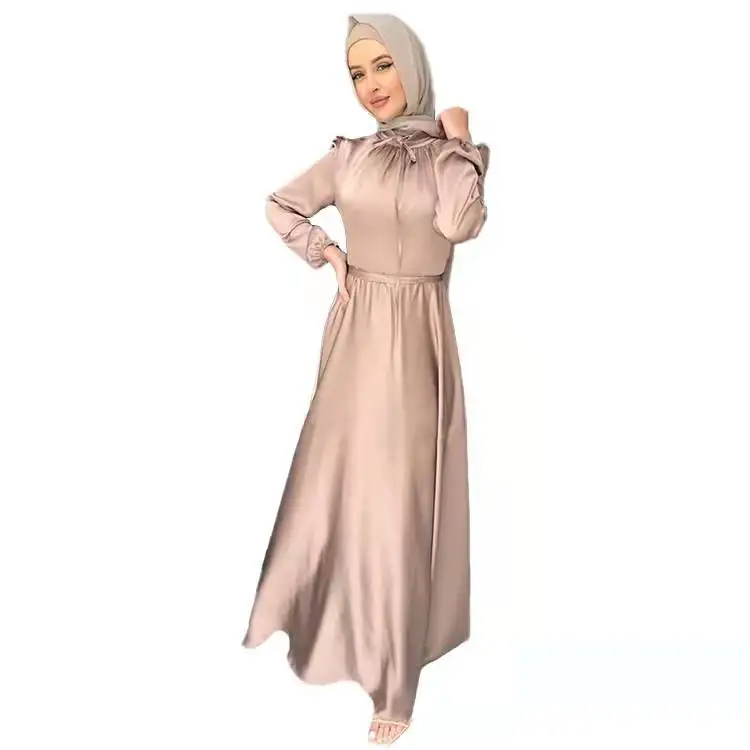 

2023 Ramadan Eid Abaya Celebrities Soft Waist Dress Dubai Turkey Middle East Elegant Satin Longuette Belt Shirt Muslim Clothing