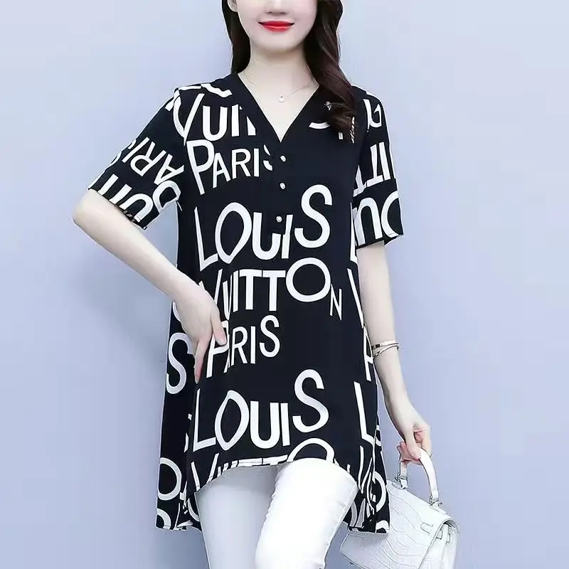 

Casual Letter Asymmetrical Printed Pullovers Stylish Commute V-Neck Button Female Summer Korean Loose Irregular Hem Midi T-shirt