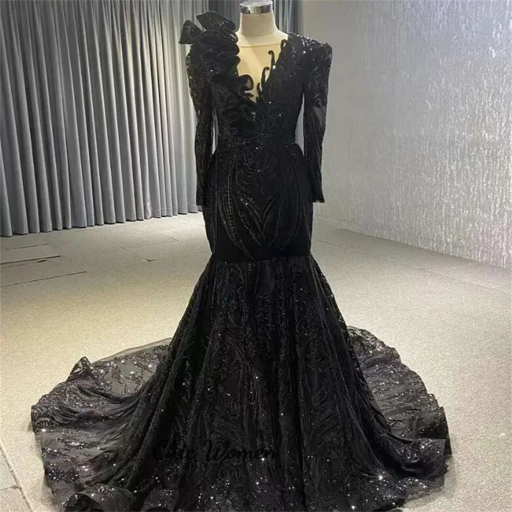 

Black Girls Sequin Prom Dress 2023 Elegant Mermaid Long Sleeve Evening Dresses Lace Up Ruffles Formal Party Gowns Elegant Women