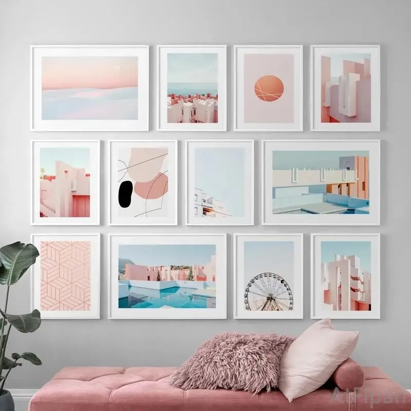 

Скандинавская розовая настенная архитектура, постер, абстрактное геометрическое искусство, живопись на холсте, ландшафтные принты, картин...