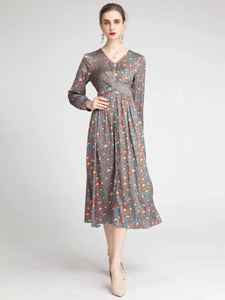 

Svoryxiu Fashion Women's Spring Vintage Elegant Long Dress V Neck High Waist Slim Lantern Sleeve A-LINE Party Long Dress