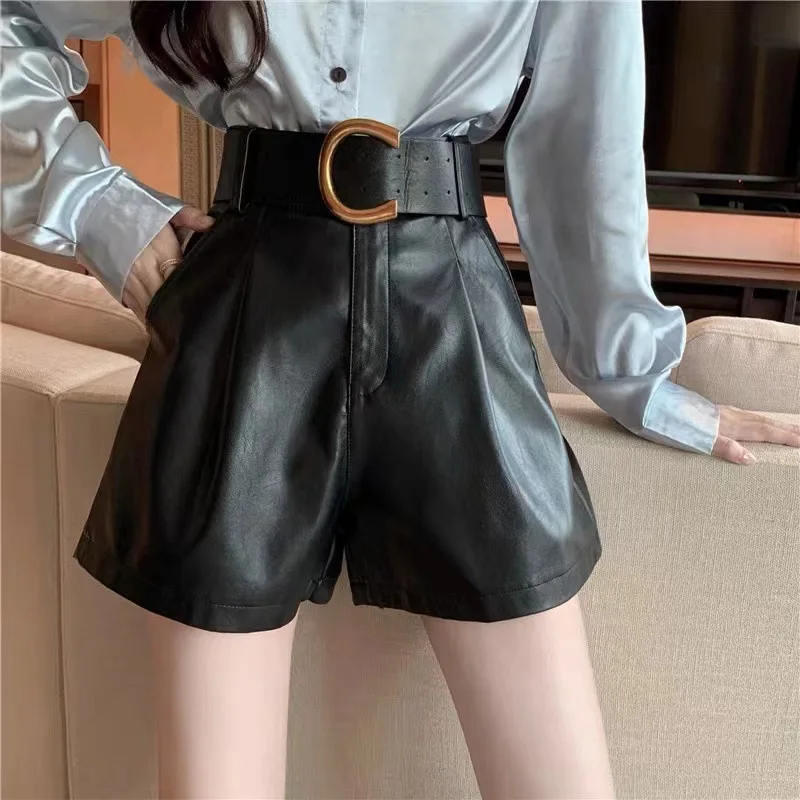 

Genuine Leather Sheepskin Pants Korean Loose Design Oil Rim Belt Casual Temperament Metal Buckle Short Za Fashion Knee Length