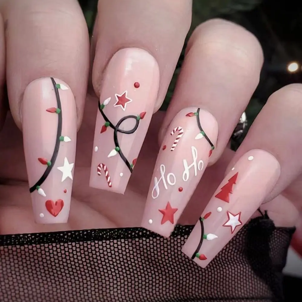 

24pcs DIY Manicure Almond Ballerina Full Cover French Coffin Long Short Santa Claus Christmas Fake Nails Snowflake