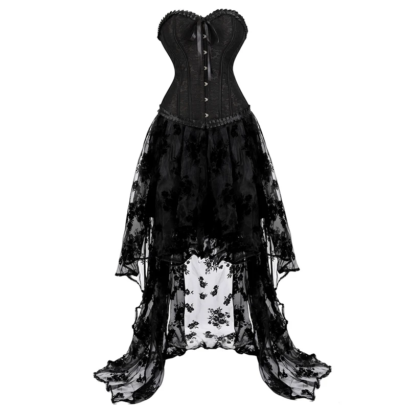 

Corset and Bustier Dess Skirts Set Women Plus Size Burlesque Gothic Lace up Short Sleeve Shoulder Straps Costume Floral Sexy Red