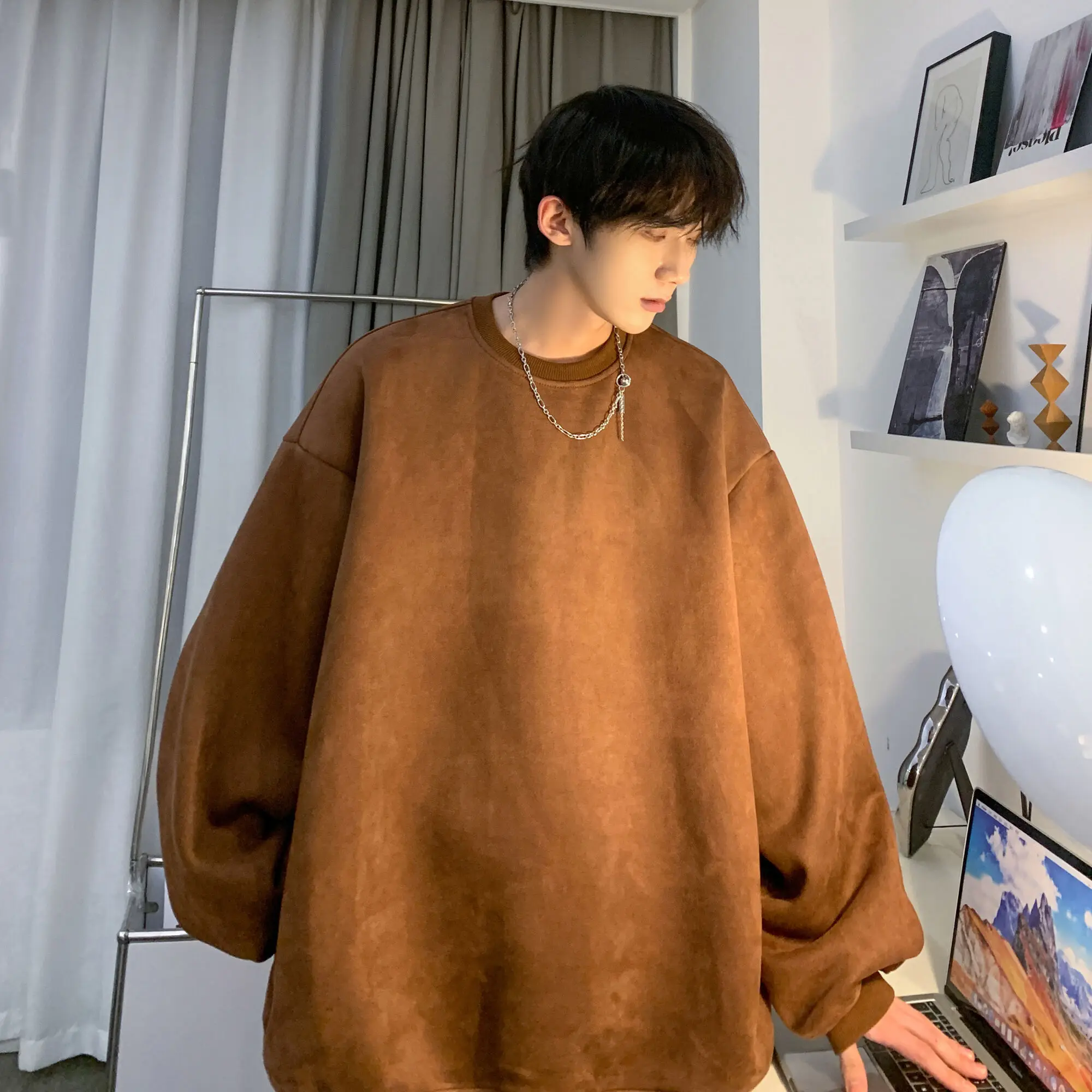 

Privathinker Harajuku Men Fashion Suede Hoodies Round Neck Sweatshirts Drop Shoulder Loose Autumn New Clothing Male Streetwear