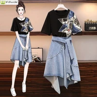 large womens dress 100kg fat sister summer suit womens age reduction printed t shirt top denim skirt two piece set
