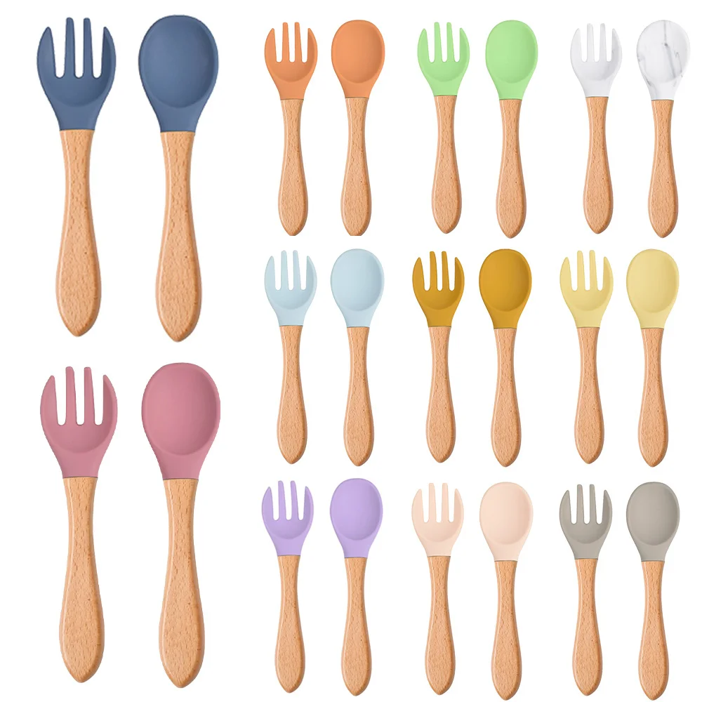 

Baby Silicone Spoon Fork Set with Wooden Handle Baby Feeding Spoon Fork BPA Free Toddlers Infant Feeding Accessories Utensils