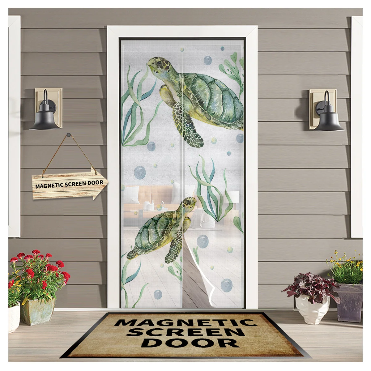 

Sea Turtle Coral Seaweed Door Curtains Summer Magnetic Anti-mosquito Screen Insect Fly Bug Home Kitchen Printed Curtains