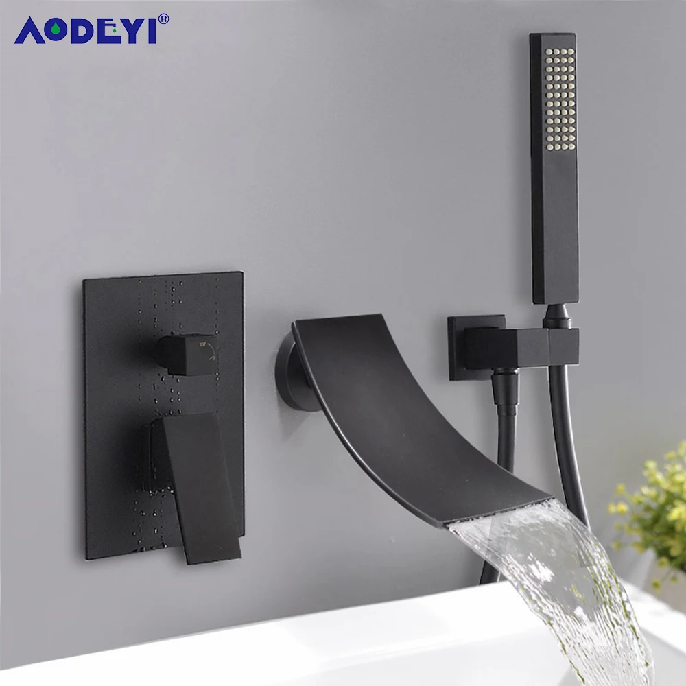 

Black Waterfall Bathtub Shower Faucet Wall Mount Hot Cold Water Mixer Bath Showers Faucets Spout Tap Robinet Baignoire