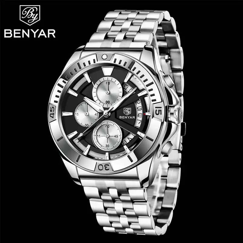 

BENYAR Stainless Steel Men's Watch Japan Quartz Sapphire Glass Green Luminous Chronograph Watch Waterproof