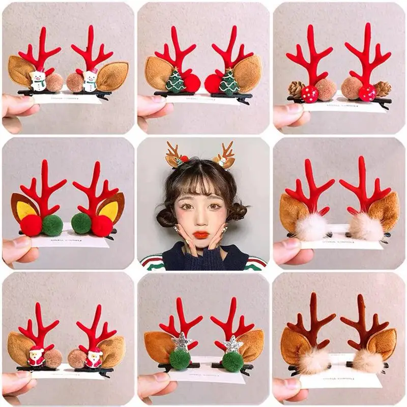 

Christmas 2Pcs/Set Antler Hair Clips Deer Ear Hairpins Christmas Party Headband Festival Pine Cones Hair Ball Hair Accessories