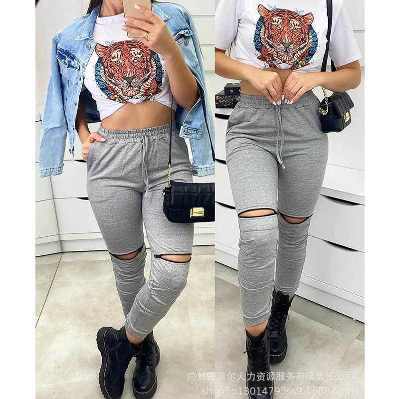 

Women Pants Trousers Summer Sexy Solid Color Slim-Fit Zipper Ripped Pants Women's Fashion Lace-up High Waist Pocket Pencil Pants