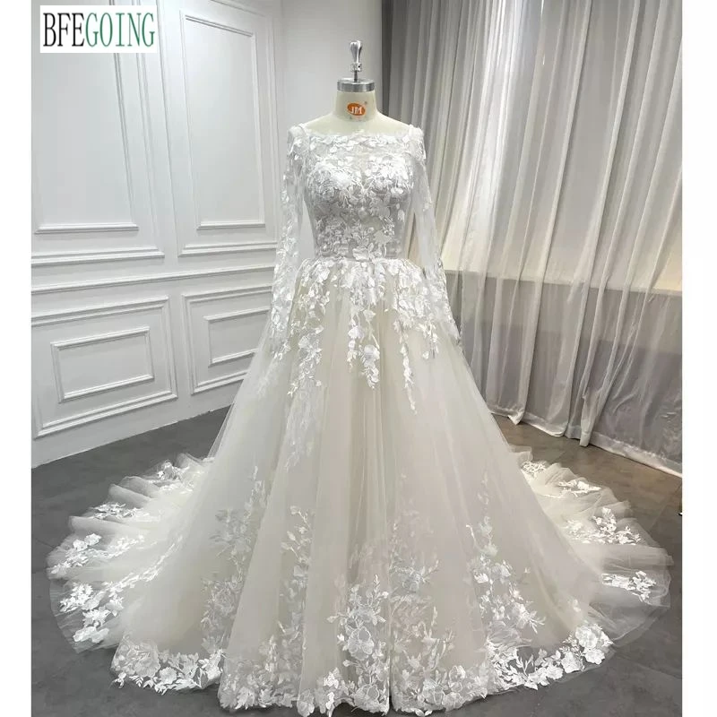 

Трапециевидные Свадебные платья со шлейфом для часовни, изготовленные на заказ, с длинными рукавами, аппликацией, тюлевые Свадебные платья до пола, многослойная юбка