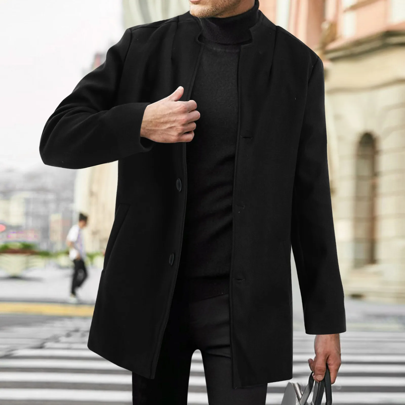 

Autumn Winter Men Coats Woolen Solid Long Sleeve Jackets Fleece Men Overcoats Streetwear Fashion Black Long Trench Outerwear