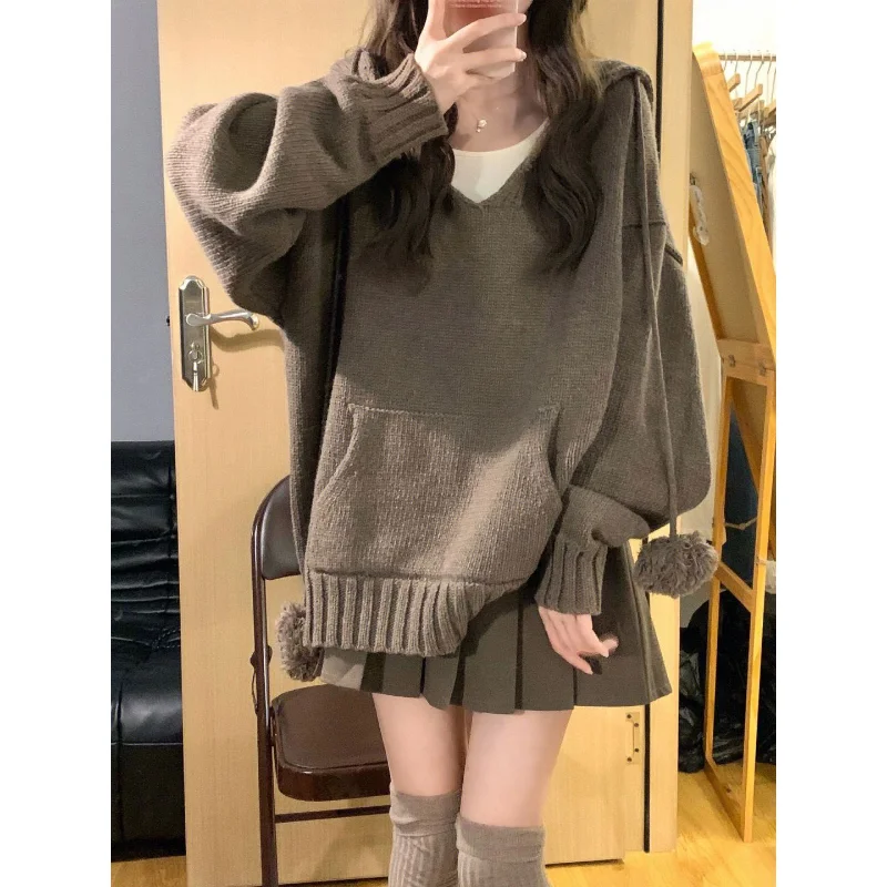 

Fall/Winter 2022 New French Vintage Design Hooded V-neck Sweater Women's Pullover Knit Loose Long Sleeve Top Sweaters