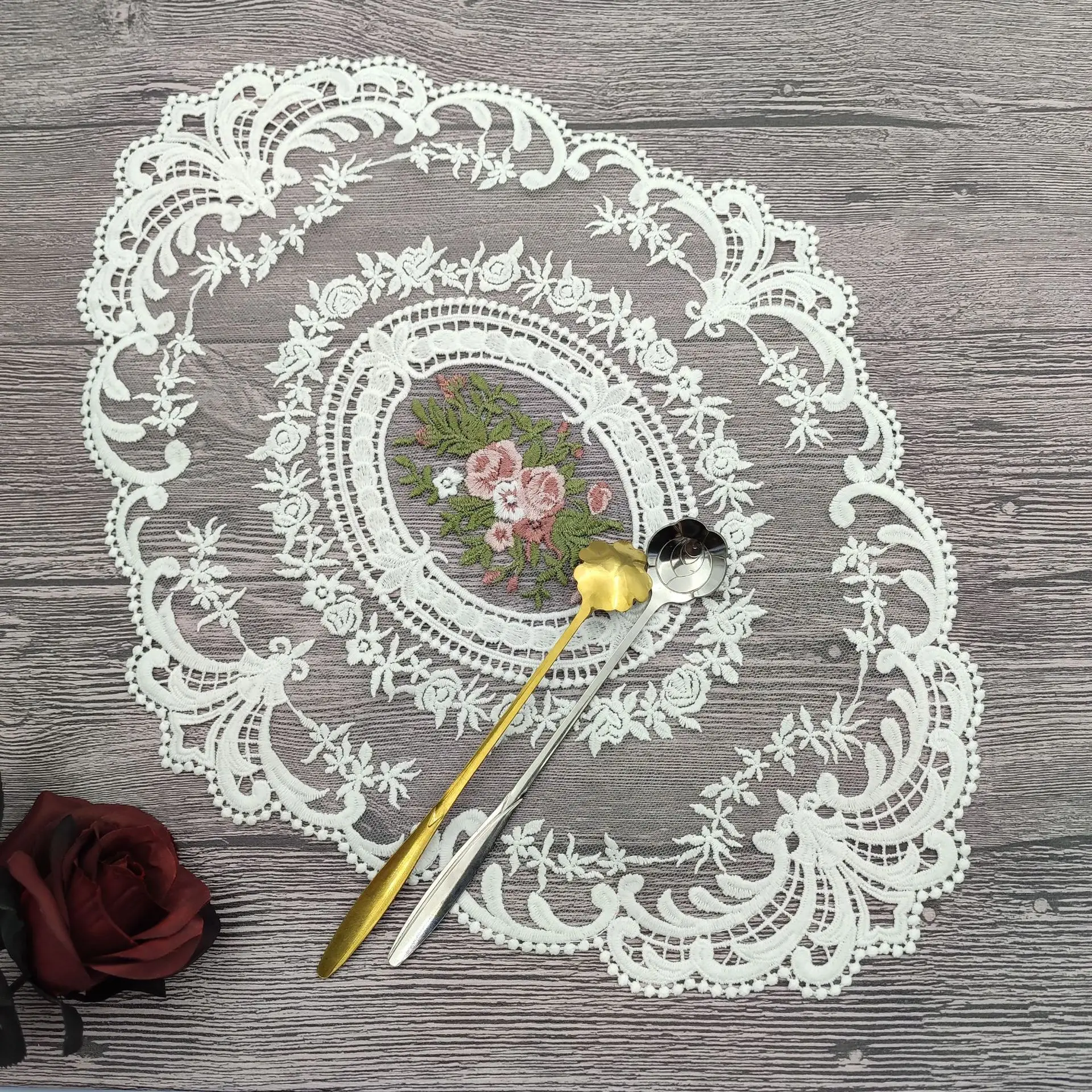 

European Style Lace Embroidery Flowers Fabric Desktop Decoration Placemat Coaster Photography Props