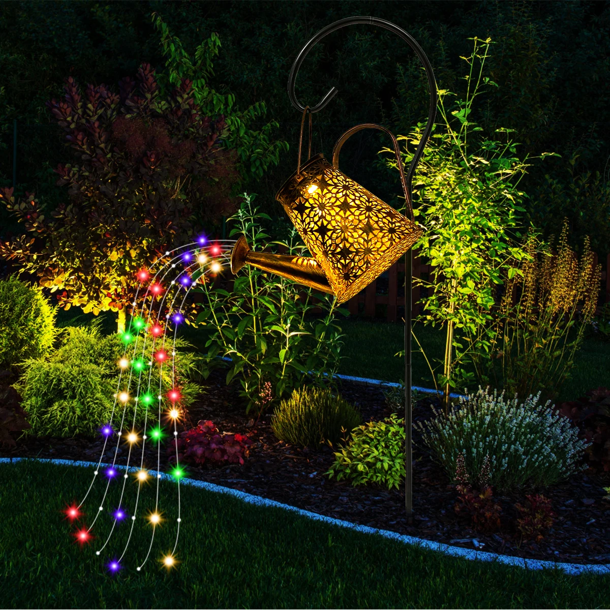 

Solar Watering Can Lights Outdoor Decorative Hanging Solar Lantern with 5 Colorful Light Strings Waterproof 60 LED Retro Metal