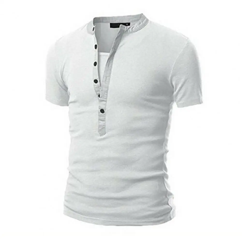 

Stand Collar Trendy Casual Men Shirt Short Sleeve T-shirt All Match for Home
