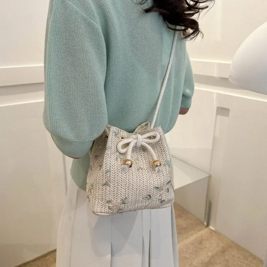 Корейский стиль тканая сумка через плечо с цветочным узором бежевая соломенная