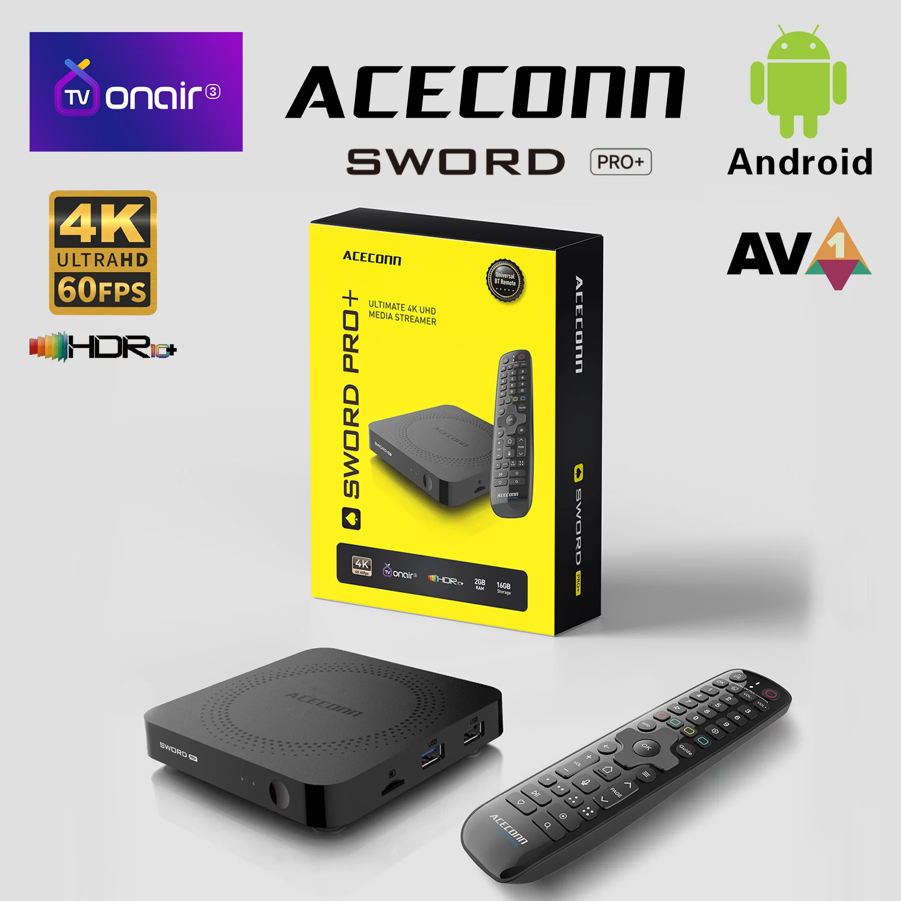 Фото ACECONN Sword Pro+ Потоковая передача Android iptv коробки 4K TVONAIR3 2 ГБ 16 ГБ Двойной Wi-Fi BT Поддержка голосового удаленного подсветки Find RCU TV Box №1