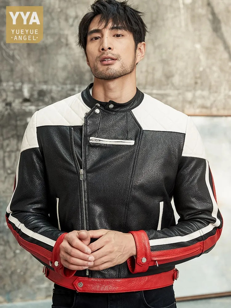 Мужская байкерская куртка из натуральной овечьей кожи с воротником-стойкой