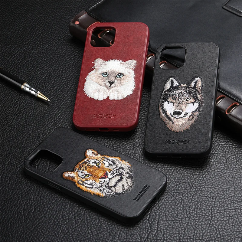 

Чехол для iPhone 12 13 Pro Max, кожаный чехол с вышивкой для мобильных телефонов, противоударный чехол для iPhone, чехол для смартфона с тигром, волком, к...