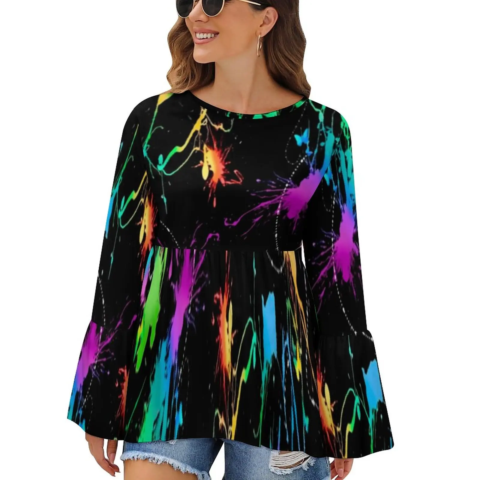 

Colorful Neon Pain T-Shirt Splatter Pattern Cute Ruffled T Shirts Female Streetwear Tshirt Oversized Pattern Tops Gift Idea