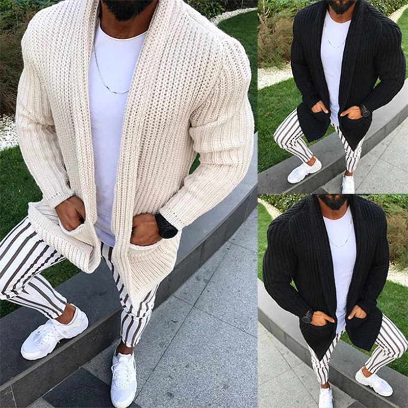 

Кардиганы трикотажные длинные теплые с карманами Модные Цветные Зимние Повседневные уличные мужские облегающие вязаные свитера однотонное пальто