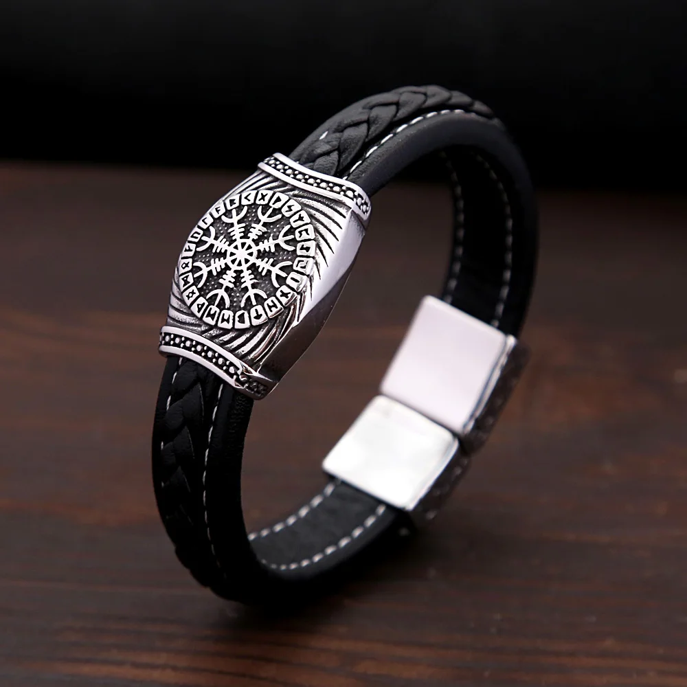 

Punk Viking Valknut Genuine Leather Bracelet for Men Stainless Steel Norse Runes Viking Compass Bangles Vintage Nordic Jewelery