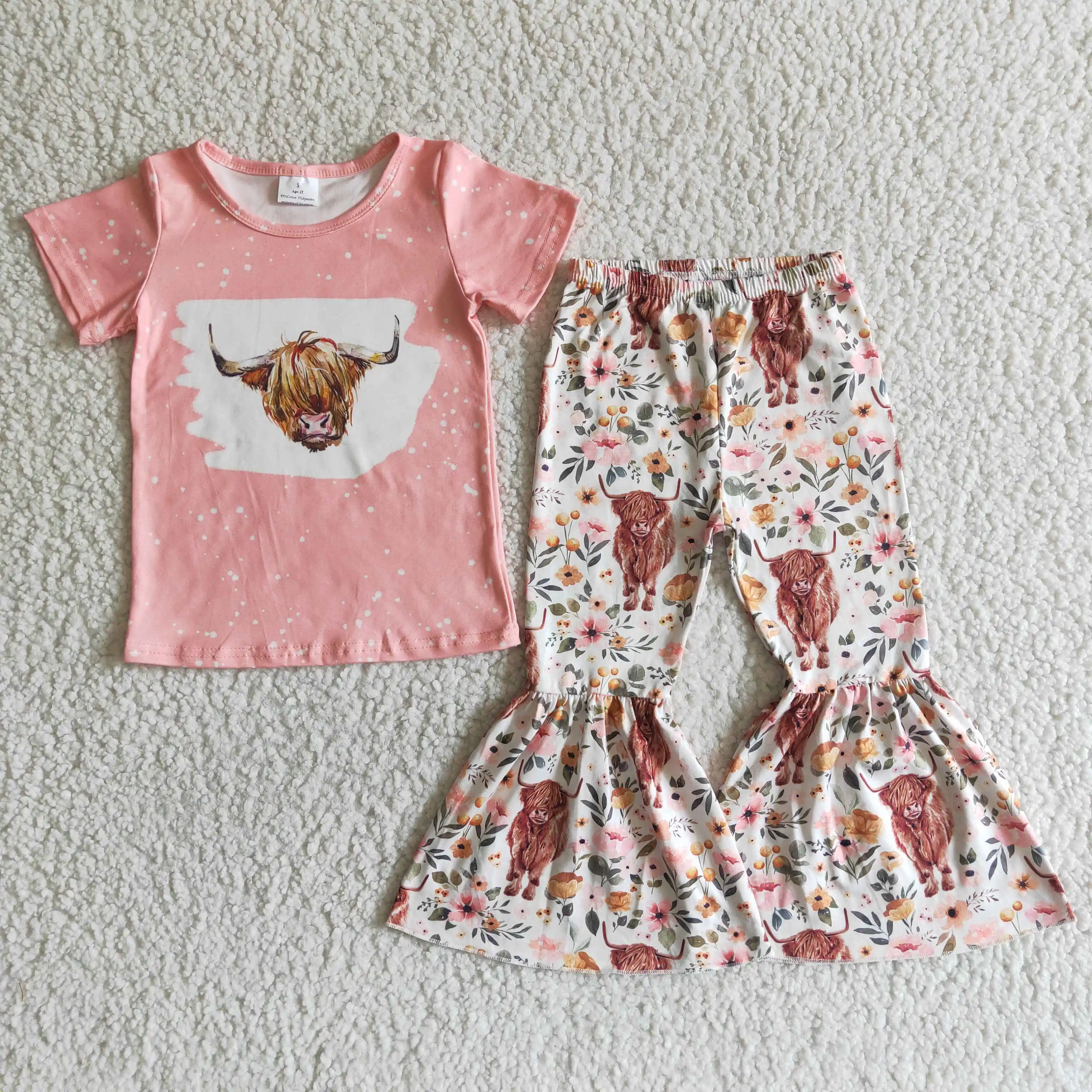 new arrival girl summer light pink top match flowers print pants kids short sleeve outfit