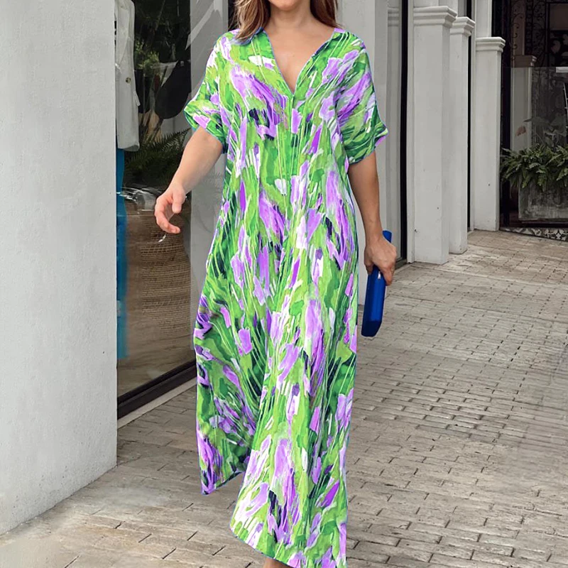 2024 широкий с V-образным вырезом Элегантный принт принтом высокой талией длинным