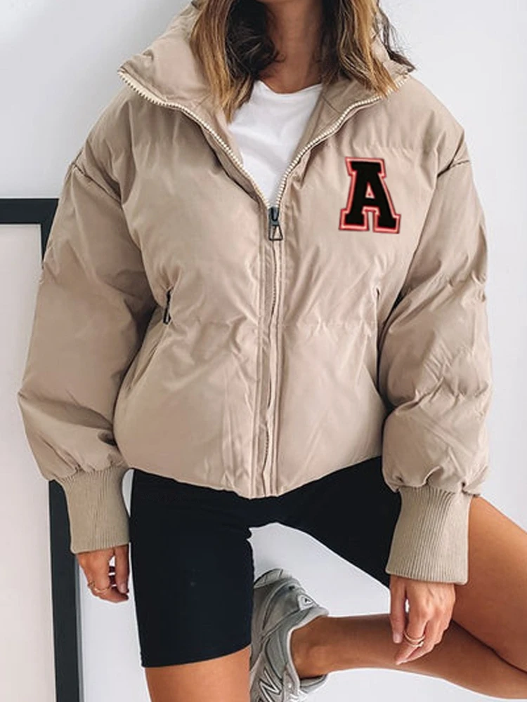 

2023 New Women's Spring Down Jacket Coat Casual Fashion Letter Print Zipper Turtleneck Fitness Sporty Puffer Jackets Women Coats