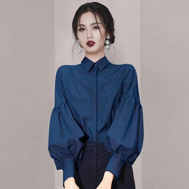 

COIGARSAM Shirt Womens Tops Spring 2022 New Long Sleeve Striped Women Shirts Dropshipping