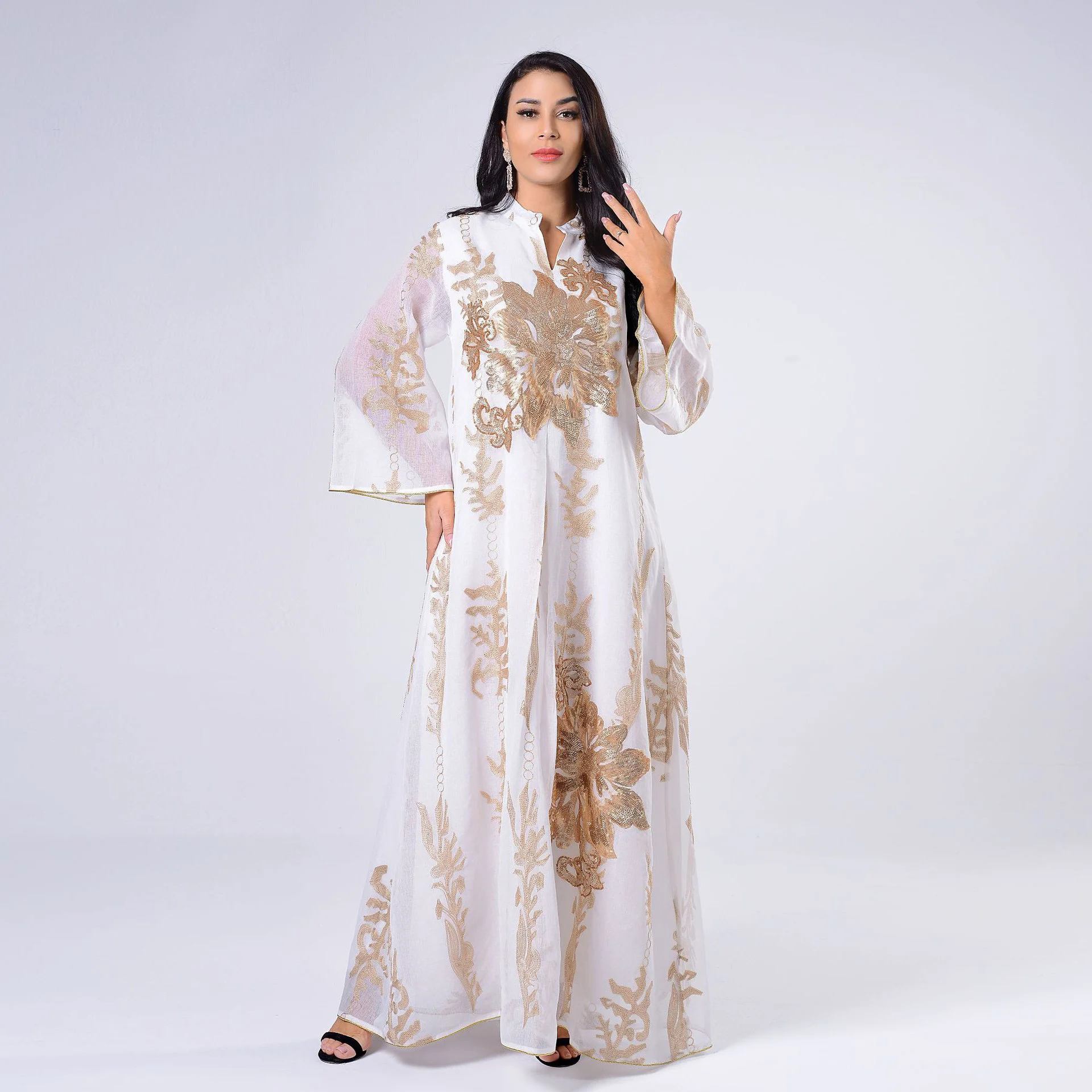 Muslim Dress Kaftan Abaya Turkey Dubai Islamic Women Robe Sequins Decorative Print Golden Beaded Embroidered Yarn Female Clothes