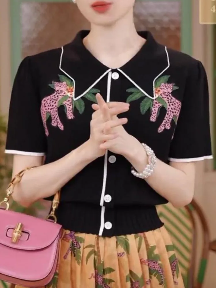 Женский вязаный пуловер с коротким рукавом