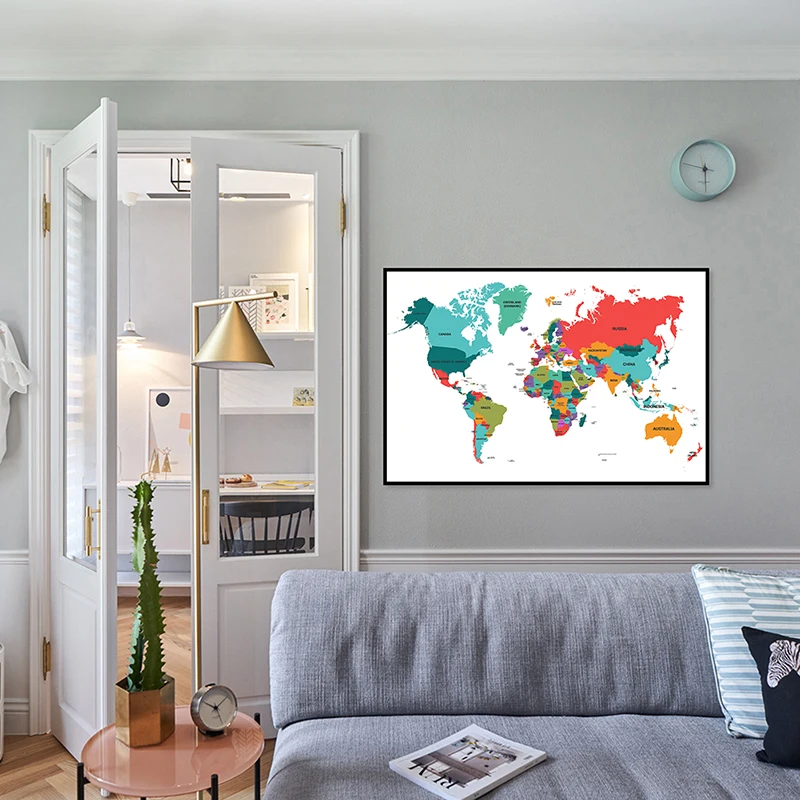 

84*59cm The World Map In English Wall Art Poster and Print Decorative Canvas Painting Home Decoration School Classroom Supplies