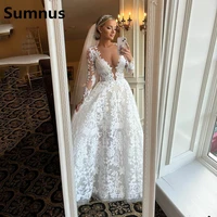 sumnus 2022 lace a line wedding dresses sexy deep v neck long sleeves bridal dress african women gowns vestido de novia