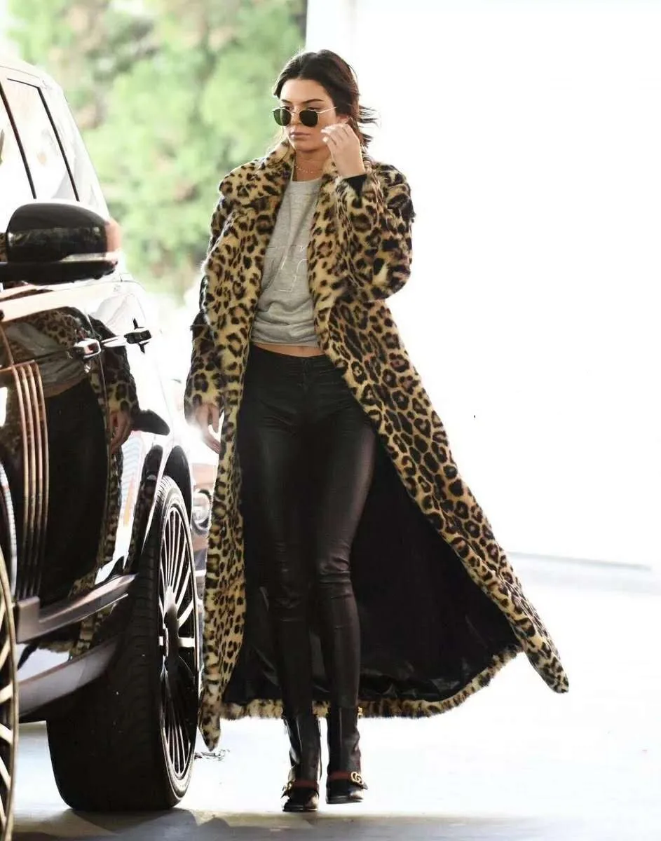 Women's fall and winter hot American INS with the same street suit collar vintage leopard print anti fur long trench coat