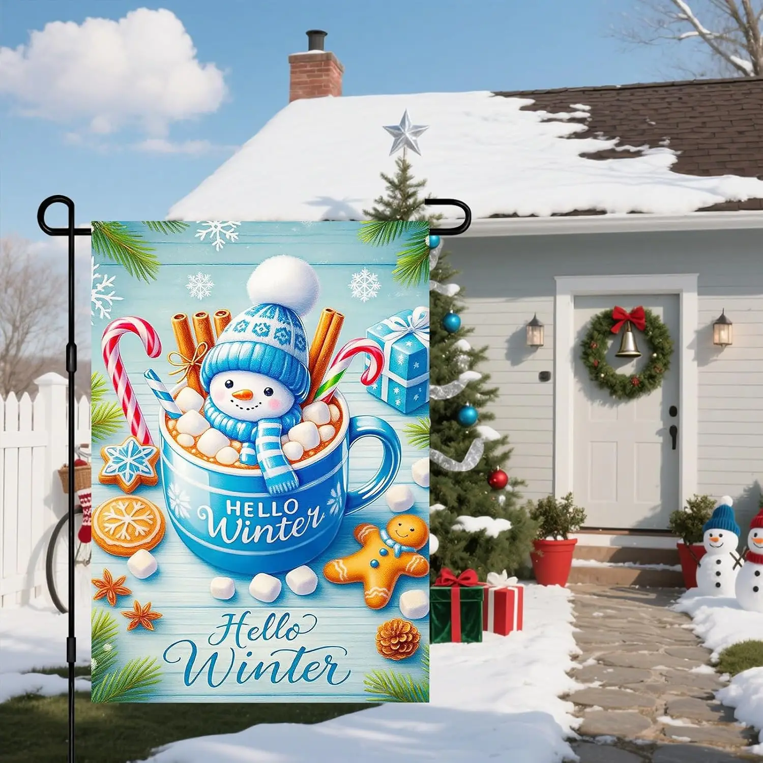 Флаг для сада IVN Winter Garden 12x18 дюймов, двусторонний, с изображением снеговика и какао-конфет, для улицы, двора, входной двери, газона, веранды, патио EEZ (art.: 3920d9f00085a) - 3920d9f00085a