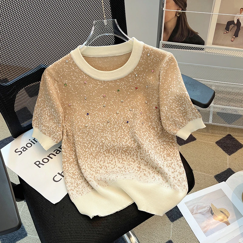 Женский трикотажный свитер со стразами повседневный Свободный пуловер с