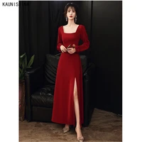 kaunissina simple evening dresses side slit sexy square collar full sleeves formal prom dress solid long gown for women party