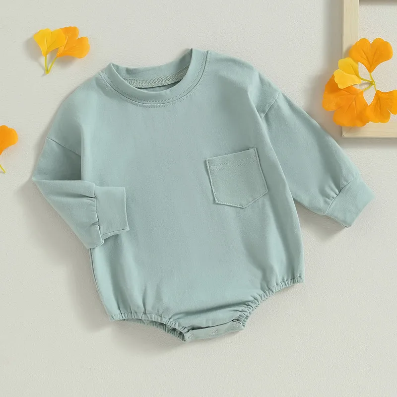 

Newborn Baby Girl Boy Sweatshirt Bodysuit Autumn Clothes Solid Color Long Sleeve Bodysuit with Pocket Baby Items Clothing